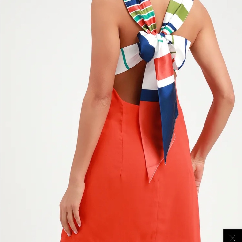 Lulus Joyful Red Orange Multi Stripe Tie-Back Mini Dress